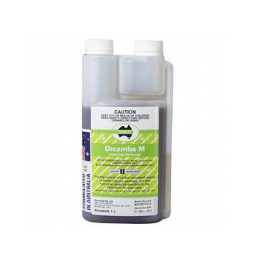 A plastic bottle featuring a dual-chamber design is labeled Dicamba from the Scintex brand. The label provides warnings and usage instructions. This white bottle, accented in green and black, contains 1 liter of potent weed killer designed for selective herbicide application.
