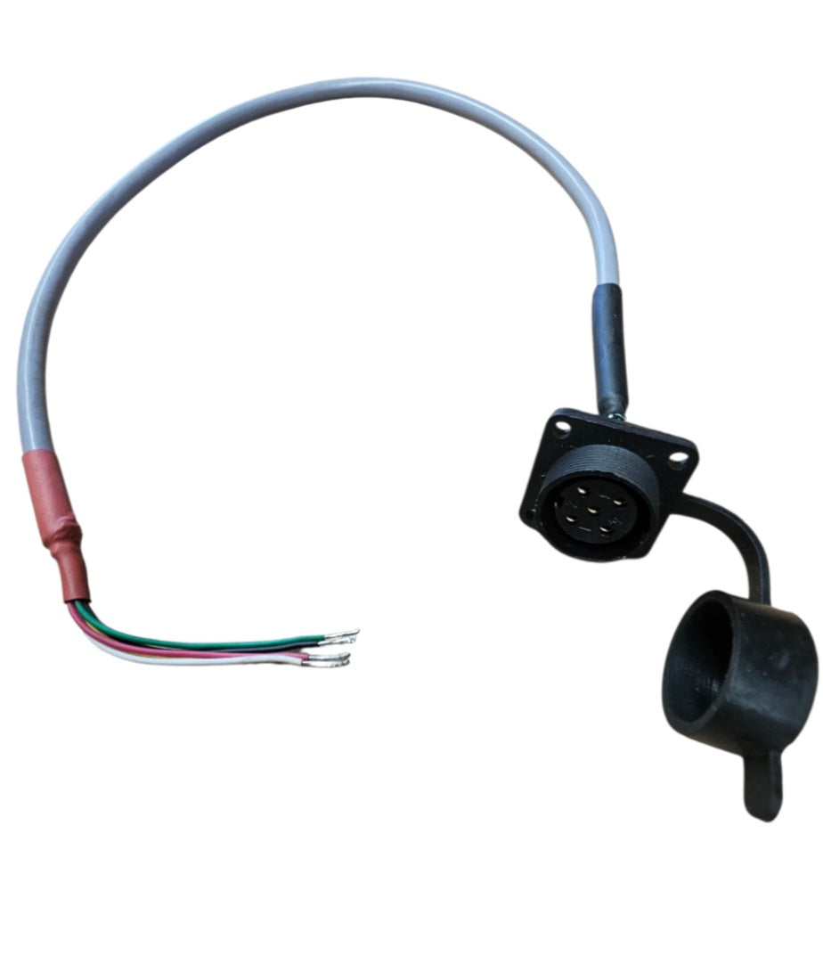 The Scintex Cattle Scale Plug Ends feature a black circular female socket with protective cap on a gray cable and exposed multicolored wires, ideal for use with Scintex X-1 Series Scales or weighing beam applications.