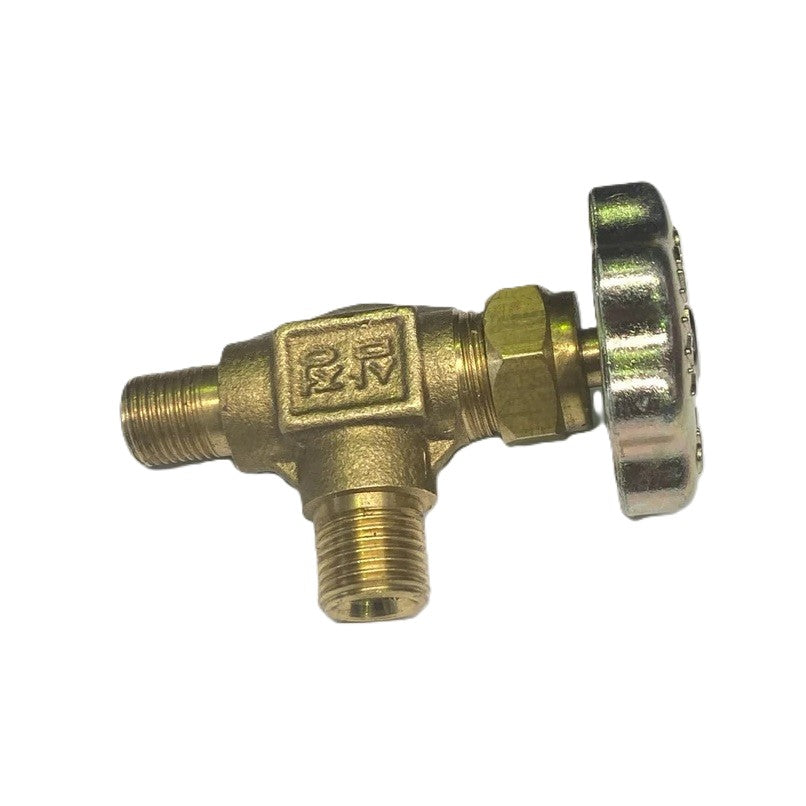 The Scintex Spare Part SITF02/SVMF400 Fuel Valve #25 is a brass angled valve with threaded male connectors on both ends, a round metal side handle, and body markings, shown on a white surface.