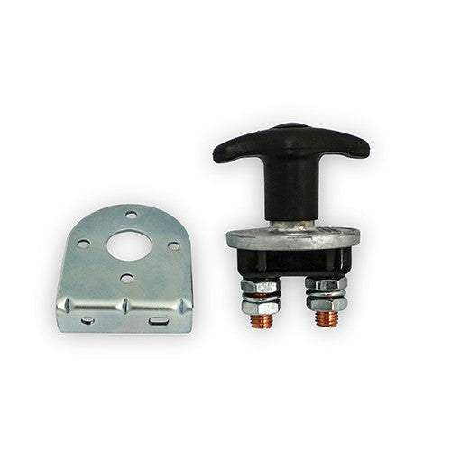 A Scintex Battery Isolation Switch with a metal mounting bracket, black body, two copper terminals, and nuts is shown on a white background.