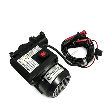The Scintex Diesel Transfer Pump 56L/min, featuring power cables with alligator clips and safety labels, is designed for continuous high flow operation and is shown on a white background.