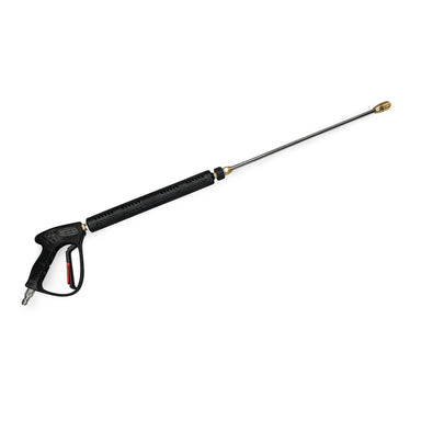 The Paddock Pressure Washer Gun features a black body, long metal nozzle with brass tip, dual stainless lances, trigger handle, red safety lock, and a high/low selector valve for versatile cleaning control.