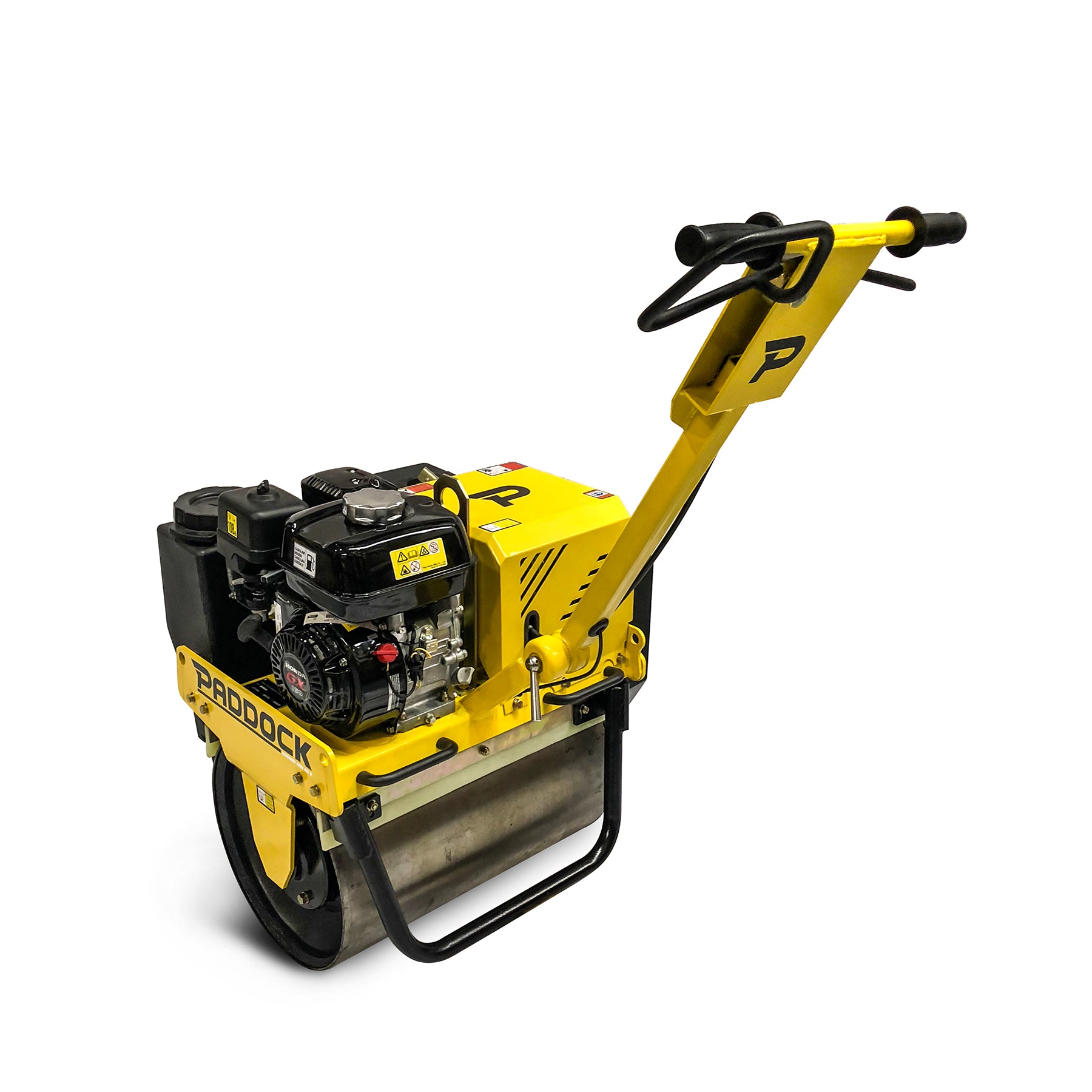 The Honda Single Drum Roller by Paddock is a yellow walk-behind compactor with a black Honda engine, large metal roller, and handlebars—ideal for compacting soil or asphalt and demonstrating the reliability of Paddock equipment.
