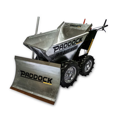 The Paddock Blade Plough (Power Barrow) features large tires and a front-mounted plough blade, making it ideal for transporting and pushing materials efficiently across rough terrain on construction sites.