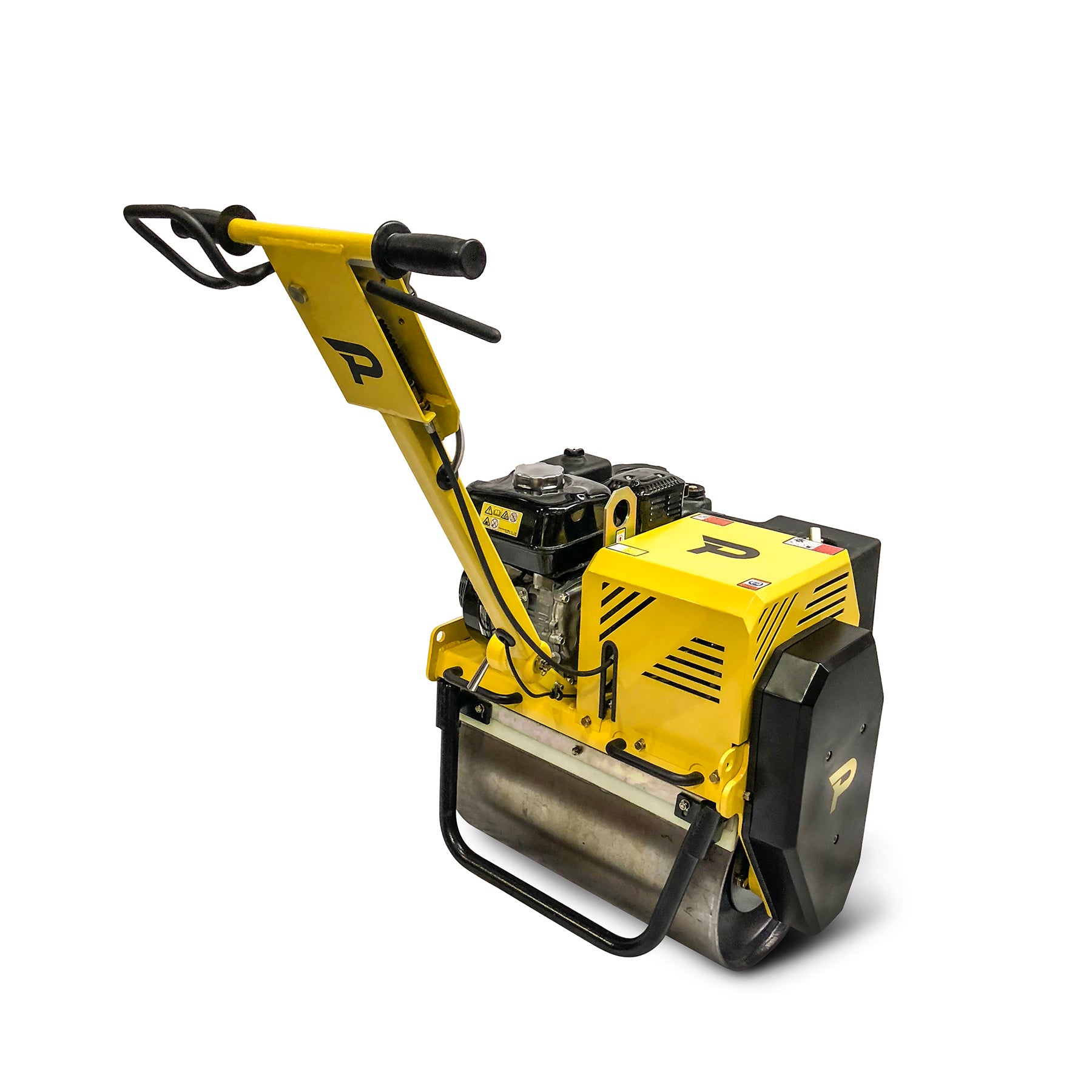 The Honda Single Drum Roller by Paddock is a yellow and black walk-behind vibratory roller with a handlebar, ideal for compacting soil or asphalt, shown isolated on a white background.