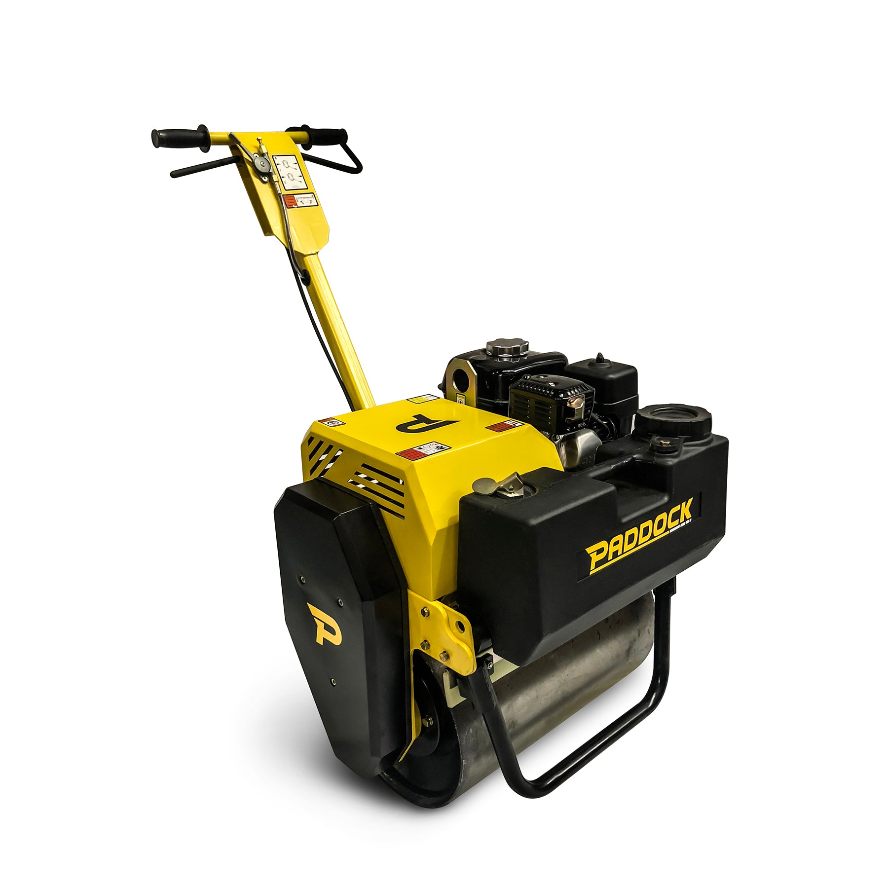 The Paddock Honda Single Drum Roller is a yellow and black walk-behind road compactor featuring a control handle, metal drum, and reliable Honda engine for efficient surface compaction.