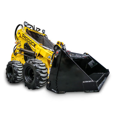 A yellow skid steer loader with large black tires and a front-mounted Paddock 4in1 Bucket by Scintex, designed for construction or landscaping tasks.