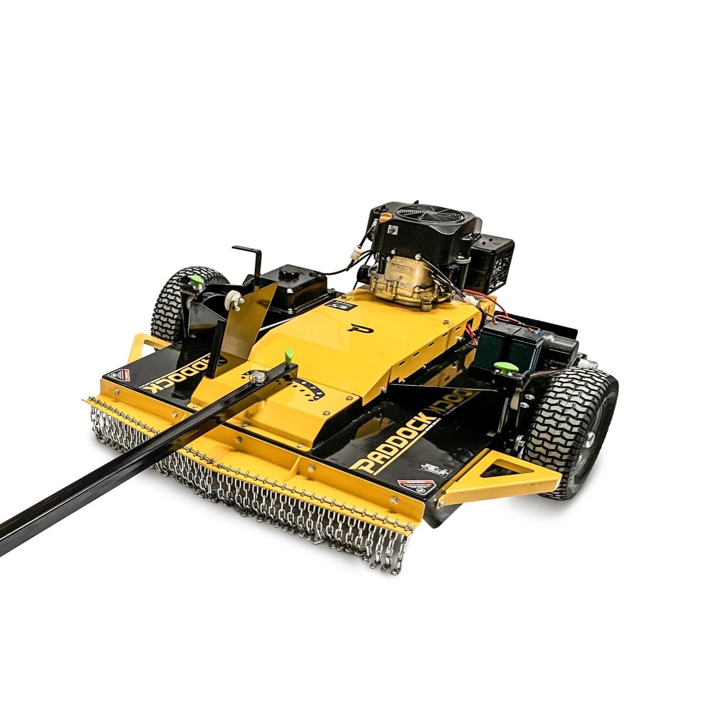 The Paddock Rough Cut Mower Slasher by Paddock is a yellow and black heavy-duty tow-behind mower featuring large rear wheels, a front brush guard, and an extended hitch arm for easy vehicle attachment.