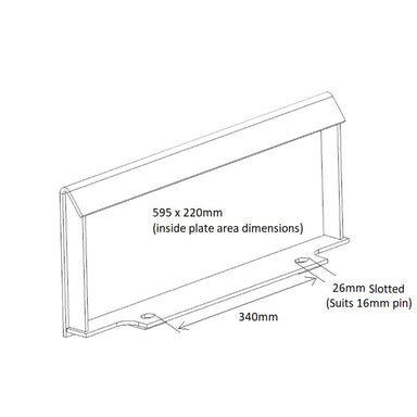 Diagram of a rectangular bracket designed for the Scintex Paddock Ripper Attachment, featuring dimensions of 595 x 220mm (inside plate area) and spanning 340mm across the base. The side view shows a 26mm slotted opening, ideal for use with a mini loader or ripper attachment and compatible with a 16mm pin.