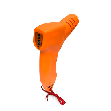 The Cauterising Debudder Dehorner by Scintex, featuring an orange design with a power cord and a red wrist strap, resembles a glue gun. Viewed from a rear angled perspective, it highlights the trigger and nozzle, evoking the precision required for veterinary procedures.