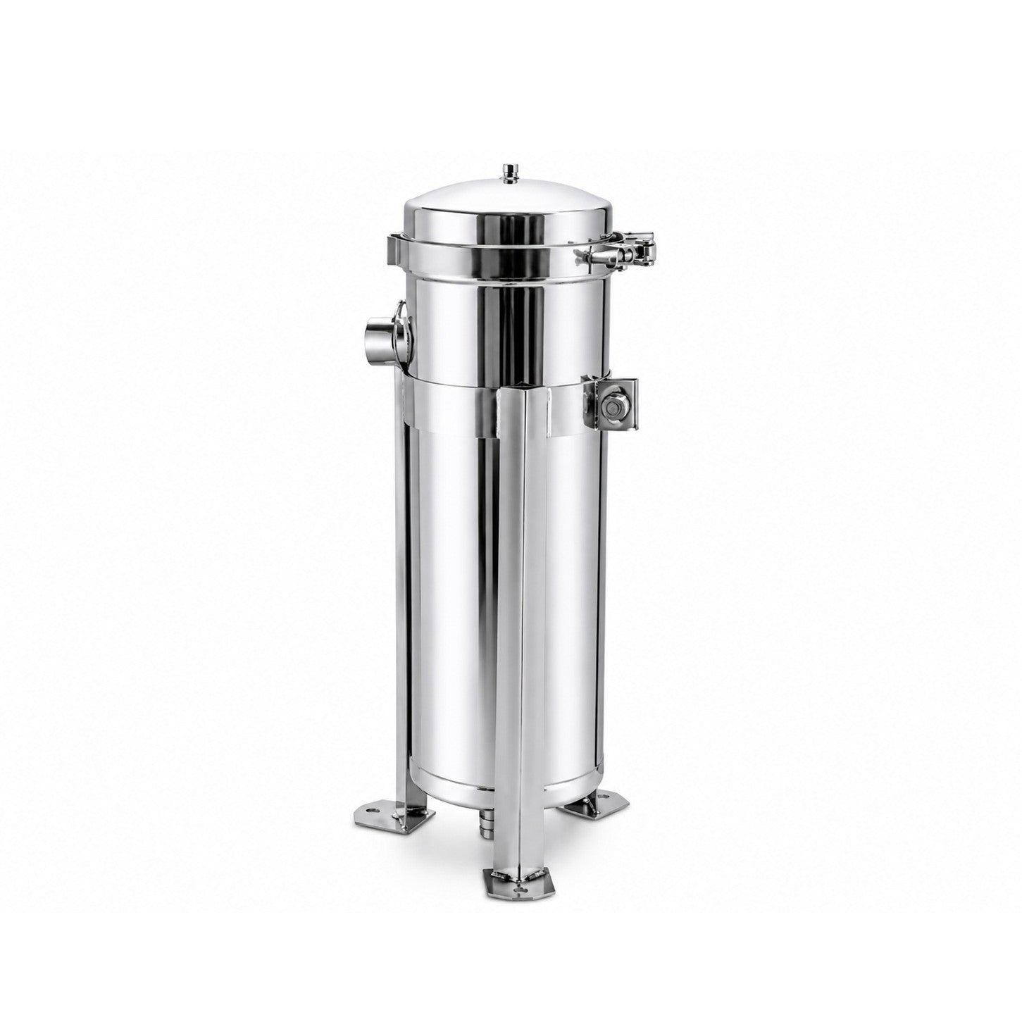 The Scintex Bag Filter Housing (Stainless Steel) features a cylindrical body, flat base with four legs, and a clamp-secured top lid, ideal for industrial liquid filtration using micron filter bags.