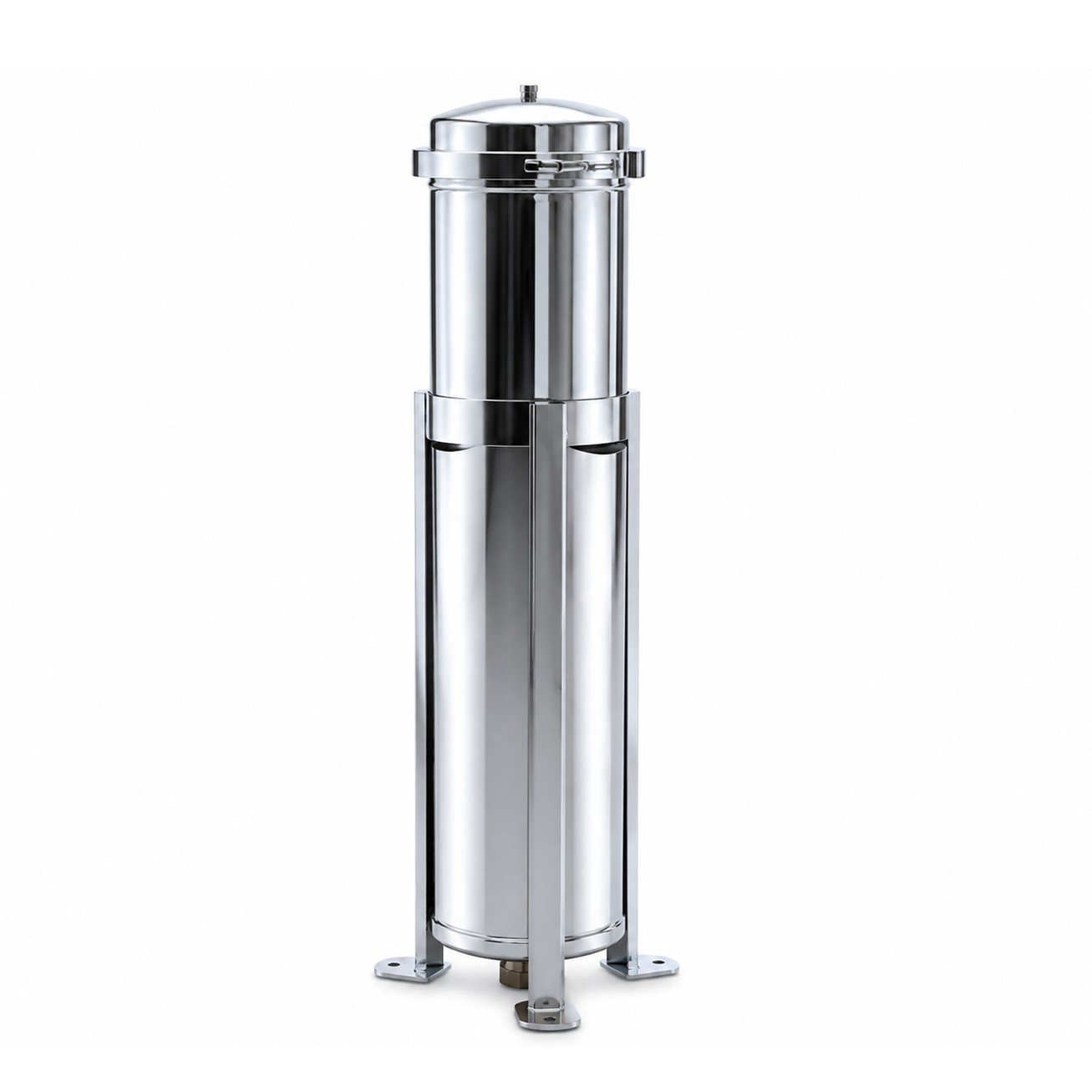 The Scintex Bag Filter Housing (Stainless Steel) features a tall, cylindrical design with a domed top and three strong legs, ideal for industrial micron filter bag filtration. It’s shown upright on a white background.