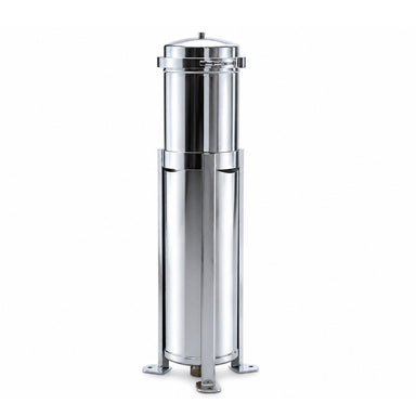 The Scintex Bag Filter Housing (Stainless Steel) features a tall, cylindrical design with a domed top and three strong legs, ideal for industrial micron filter bag filtration. It’s shown upright on a white background.