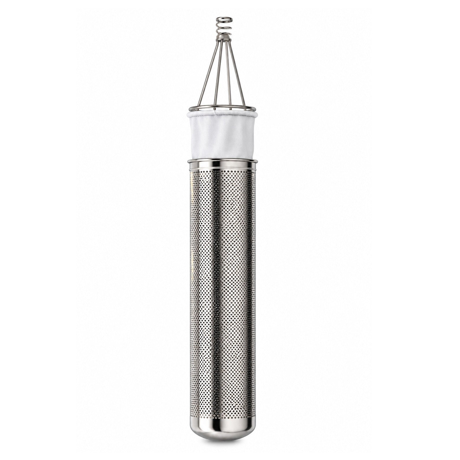 The Scintex Bag Filter Housing (Stainless Steel) is a cylindrical filter with wire handles, a solid base, and a white fabric top. It features small perforations for effective straining or infusing, similar to micron filter bags.