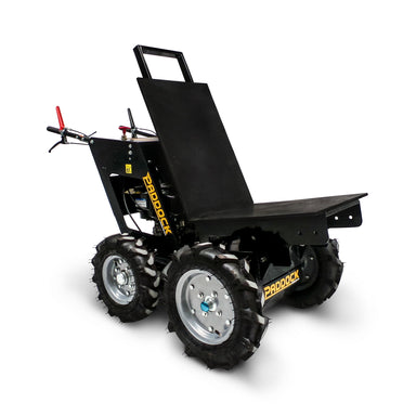A rugged, black, four-wheeled Power Assisted Wheel Barrow by Scintex with large treaded tires, a flat cargo platform, handlebars, and control levers.