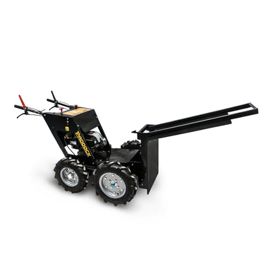 A black, heavy-duty Scintex Power Assisted Wheel Barrow features large rugged tires, control handles, a forward metal splitting arm, and the Scintex label on the side, resembling a mini dumper.