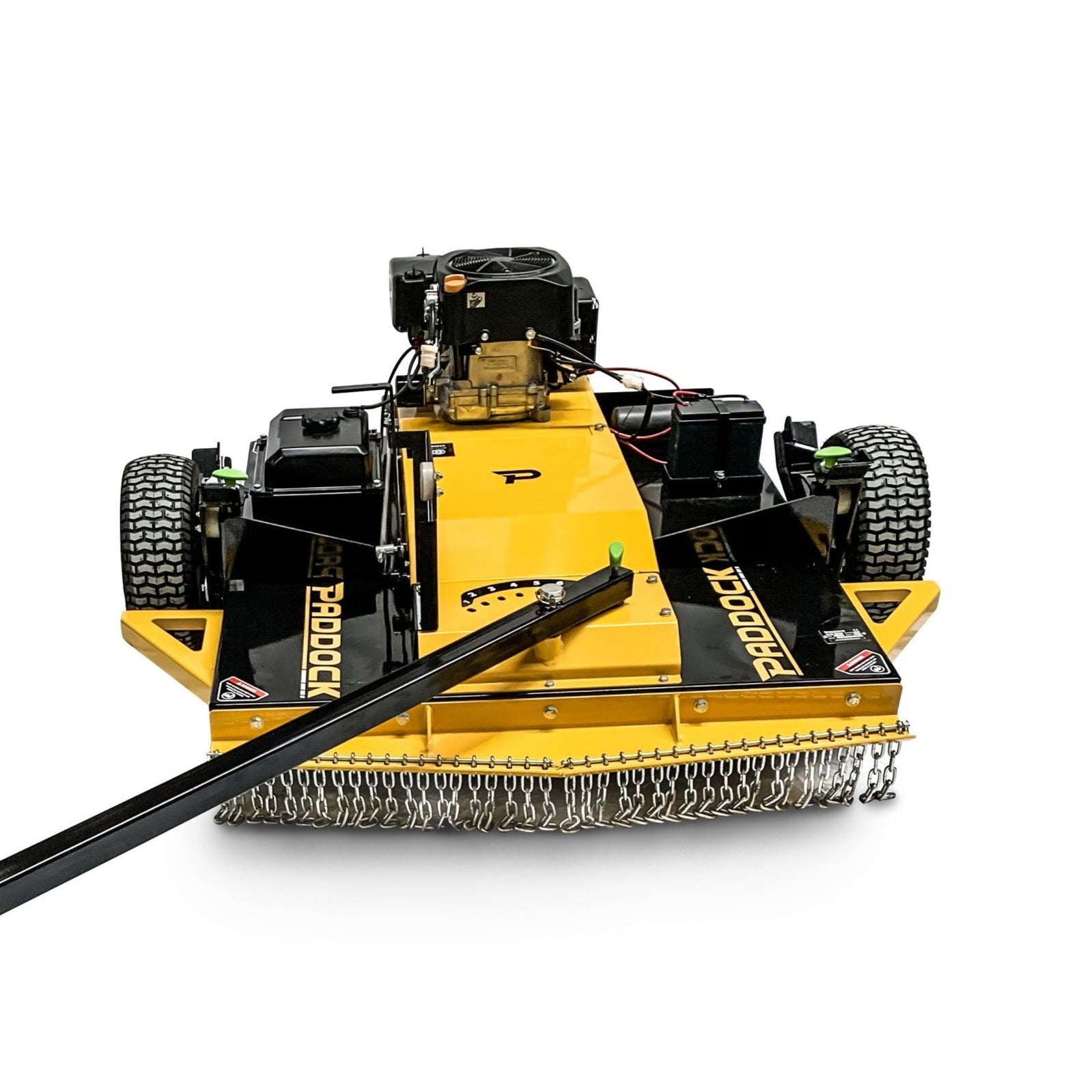 The Paddock Rough Cut Mower Slasher by Paddock features a yellow and black design, large tires, and a long adjustable arm. This remote-controlled mower is built for tough mowing tasks and is shown on a white background.