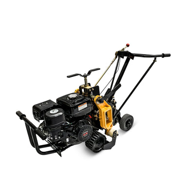 The Paddock Machinery Turf Cutters - Self Propelled is a black and yellow, gas-powered machine with a metal frame, heavy-duty construction, engine, control handles, and wheels for cutting narrow trenches in soil.